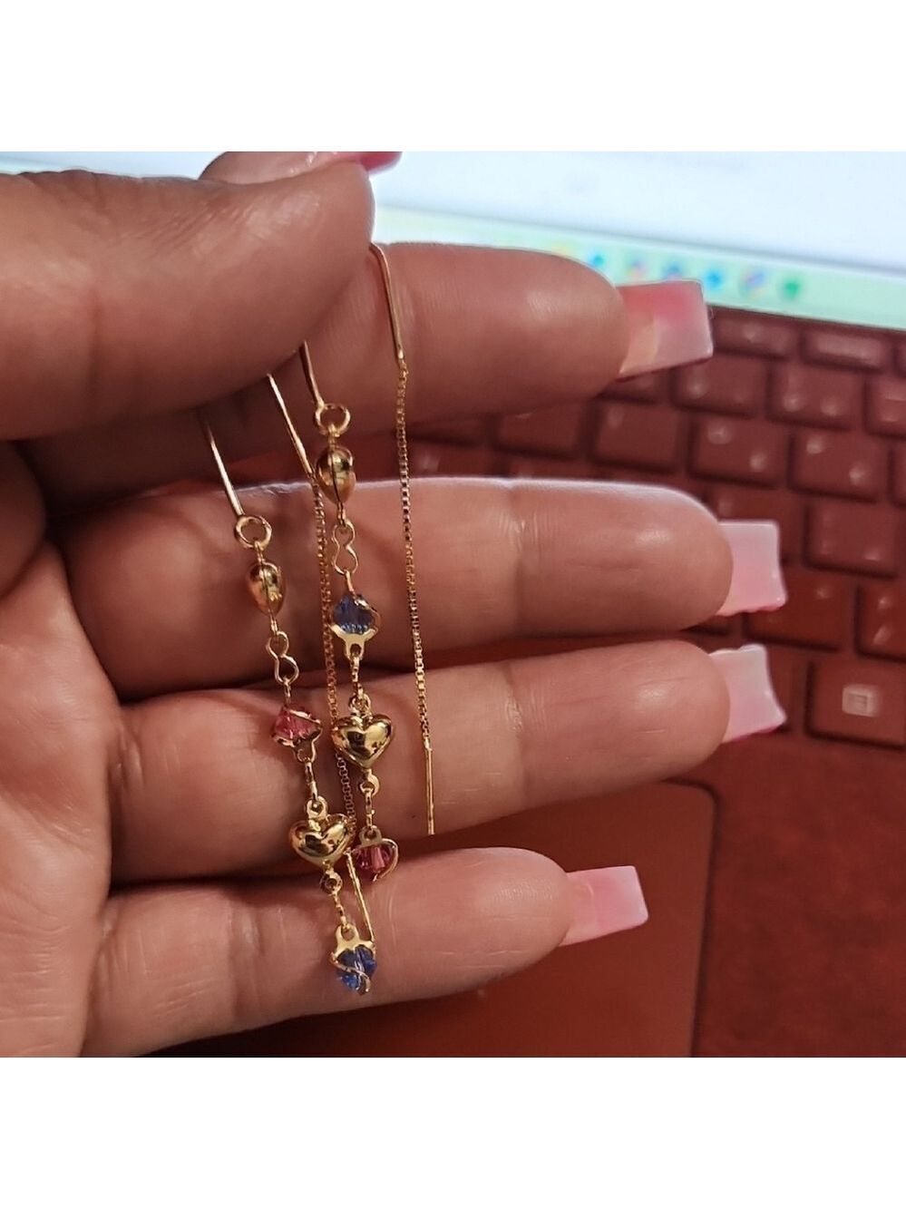 18k Gold Filled Heart Drop Earrings with Pink and Blue Accents